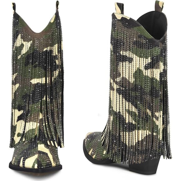 Women's Green Rhinestone Sparkly Fringe Chunky Heel Pointed Toe Ankle Boots - Picture 3 of 4